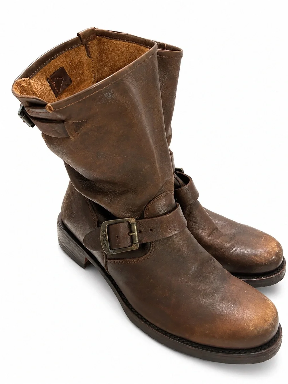 Frye Veronica Short Engineer Boots Women’s 10B Brown Leather Moto Buckle USA